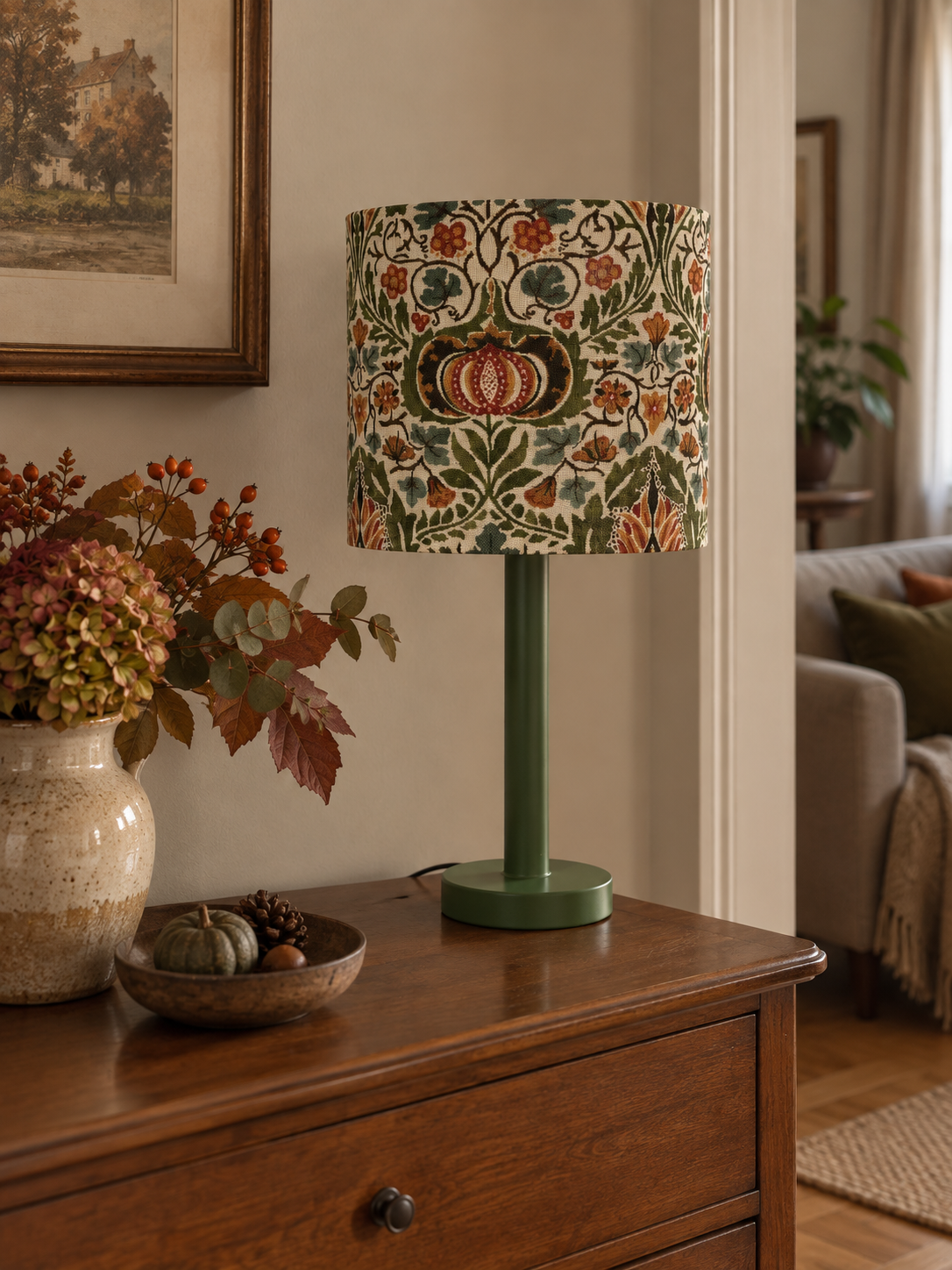 Handcrafted table lamp with Morris & Co. Little Chintz fabric and autumn vibes