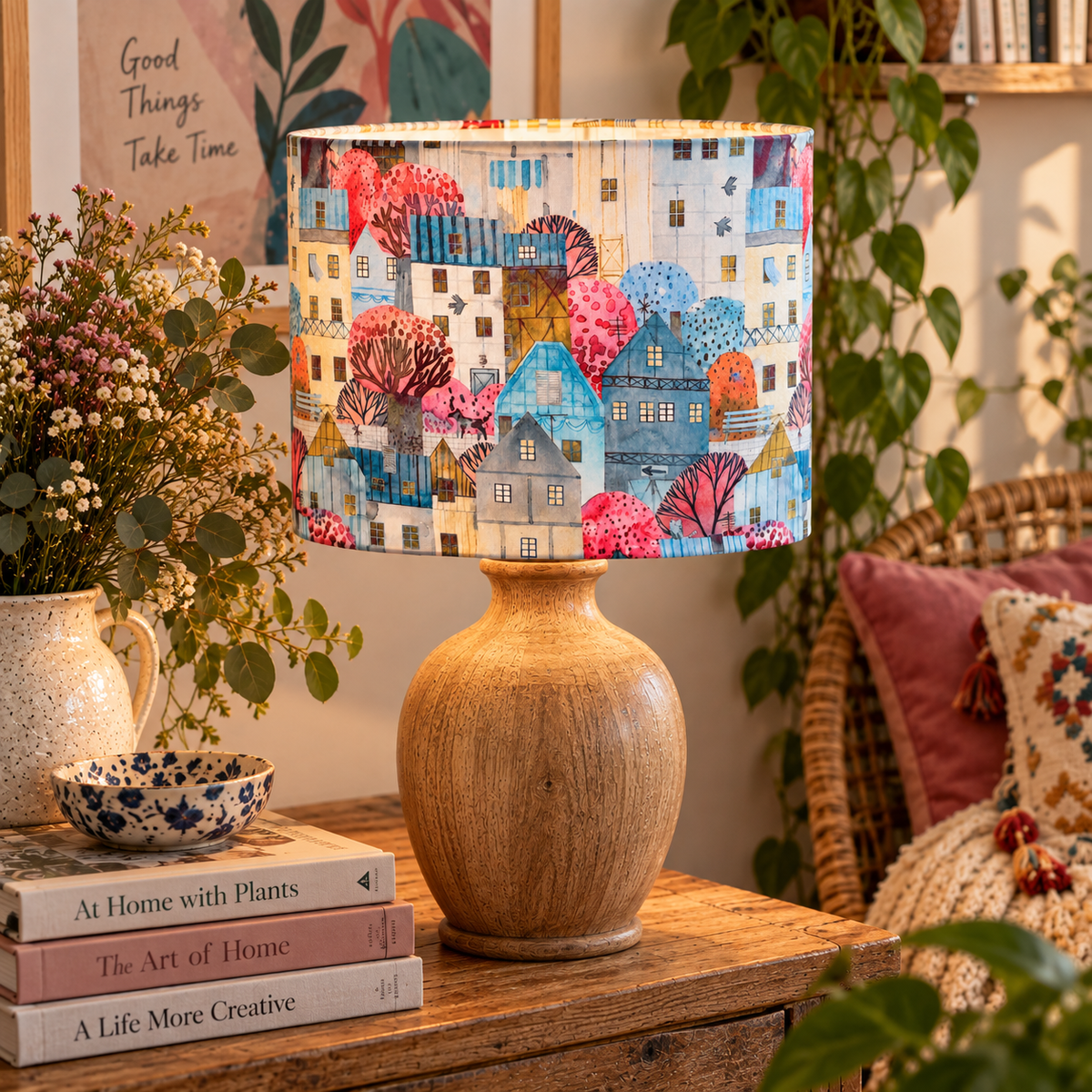 Whimsical town - handmade oval lampshade