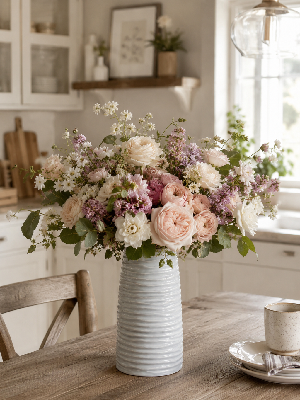 Gray ceramic vase with flowers