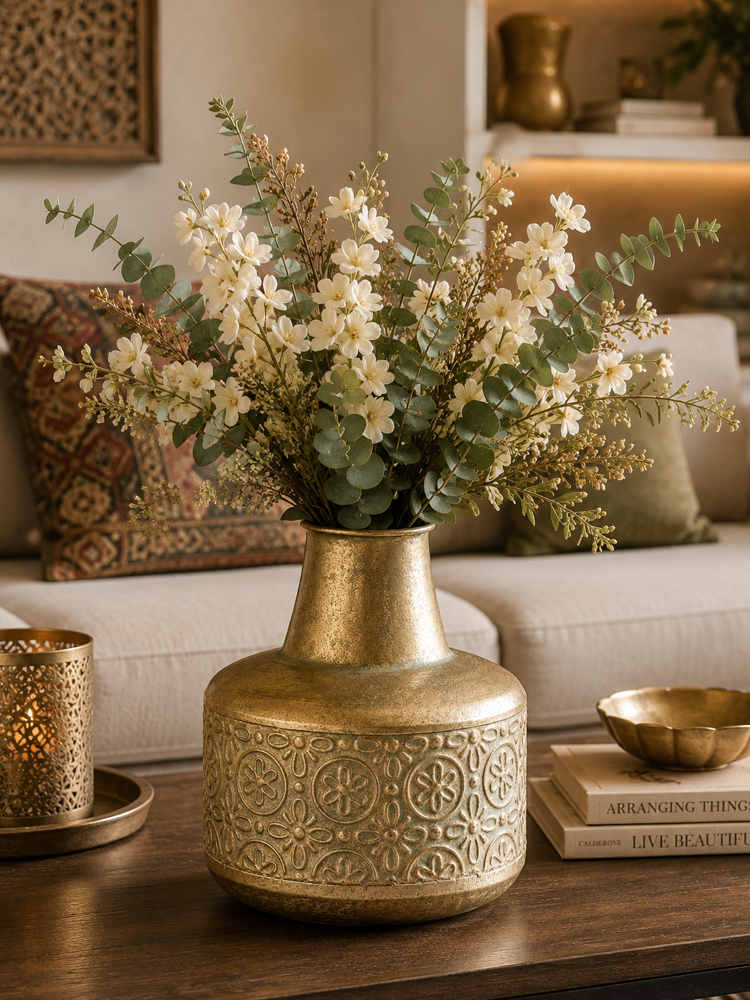 Oriental golden vase with flowers