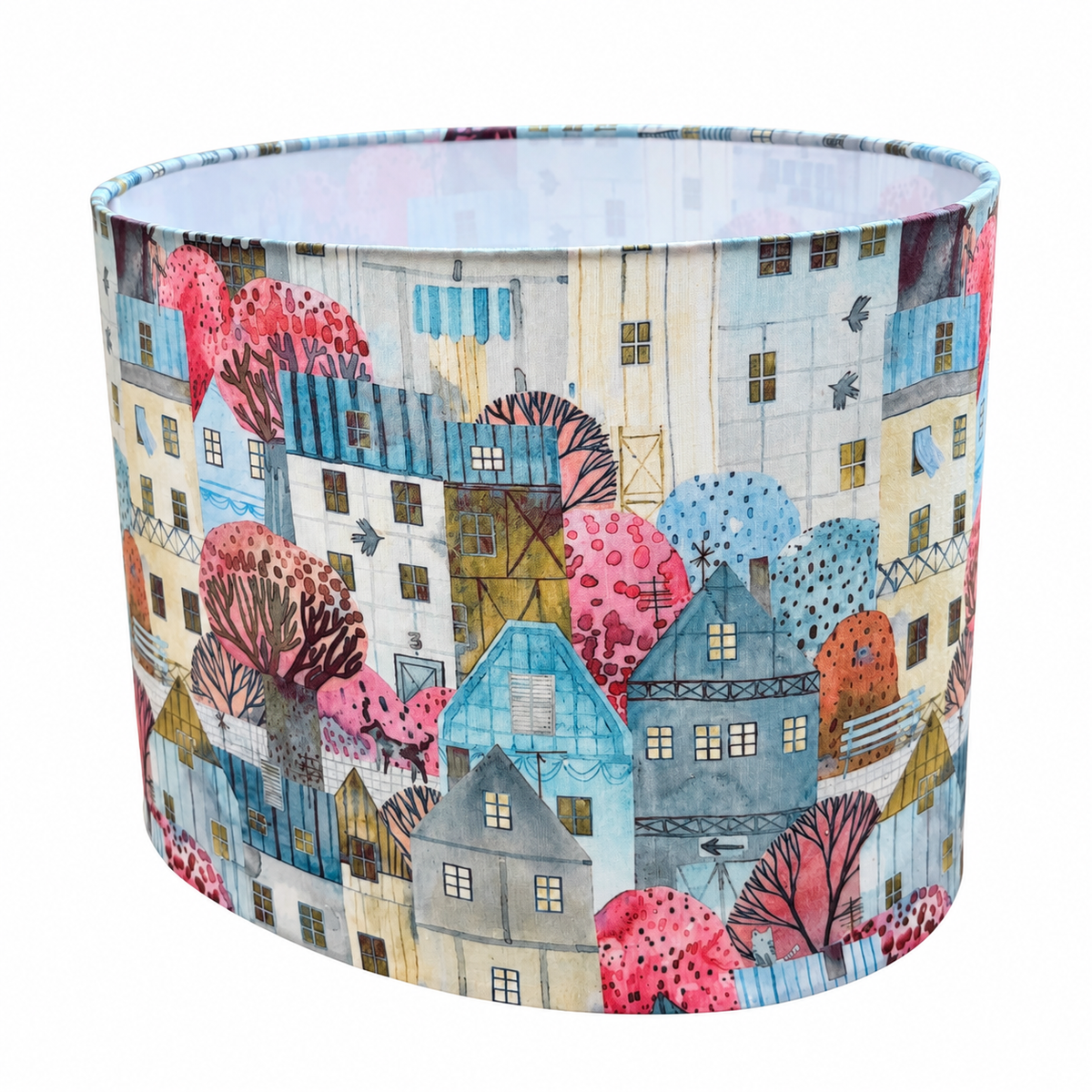 Whimsical town - handmade oval lampshade