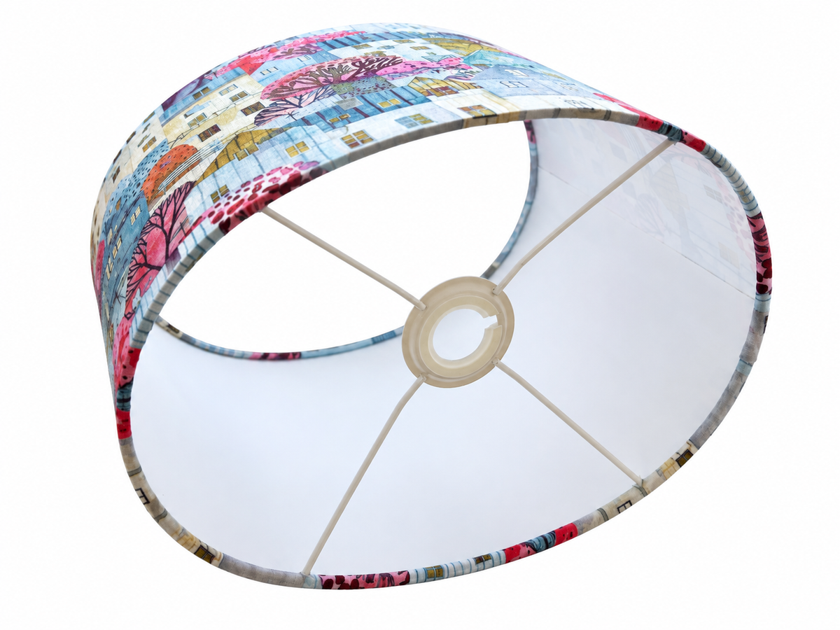Whimsical town - handmade oval lampshade