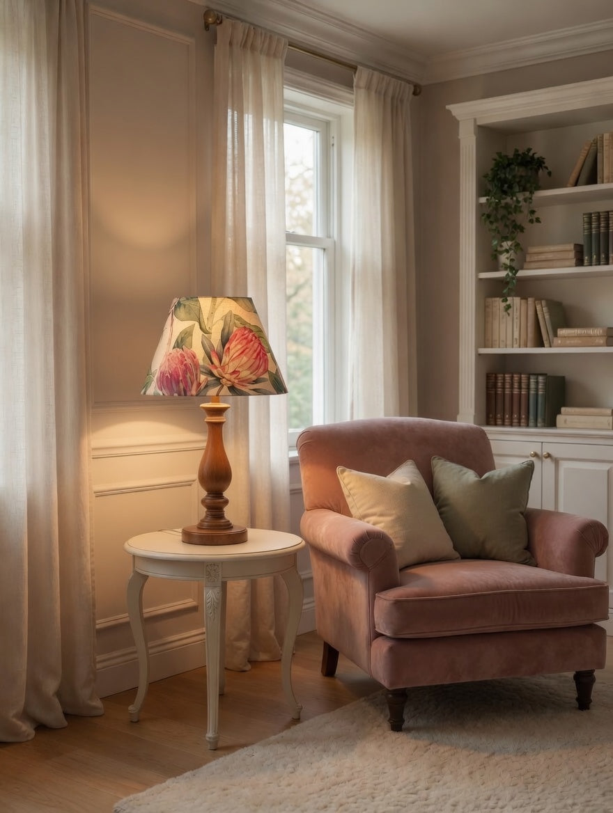 Sanderson King Protea - handmade conical lampshade