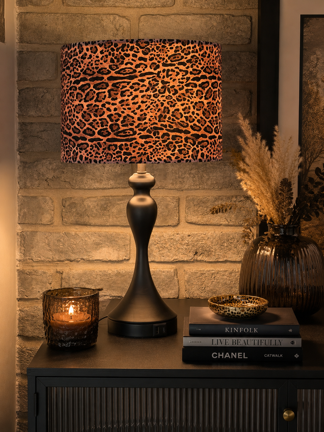 Velvet Leopard - black table lamp with handmade drum lampshade