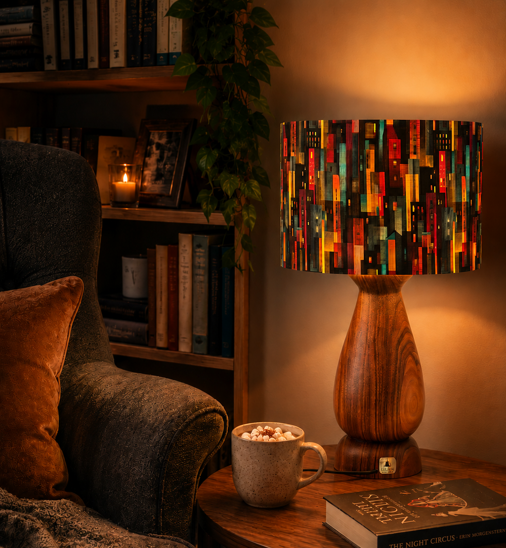 Autumn city table lamp with black walnut base (48 cm) handmade product