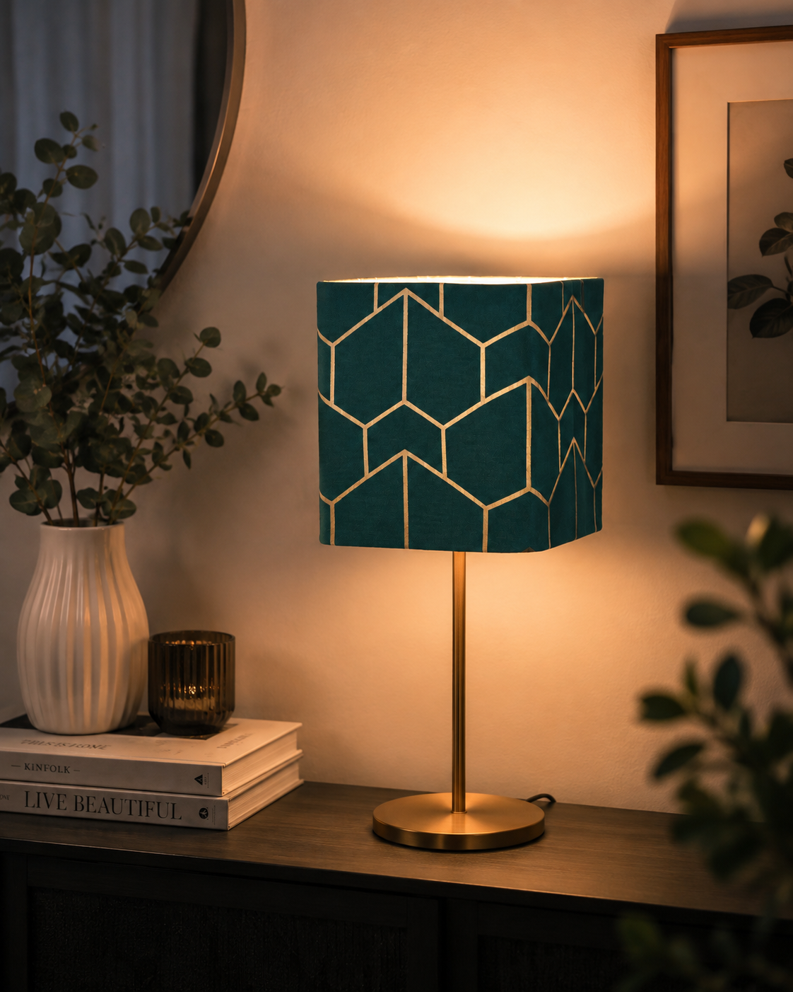 Teal Geometry – Handcrafted Rounded Square Lampshade
