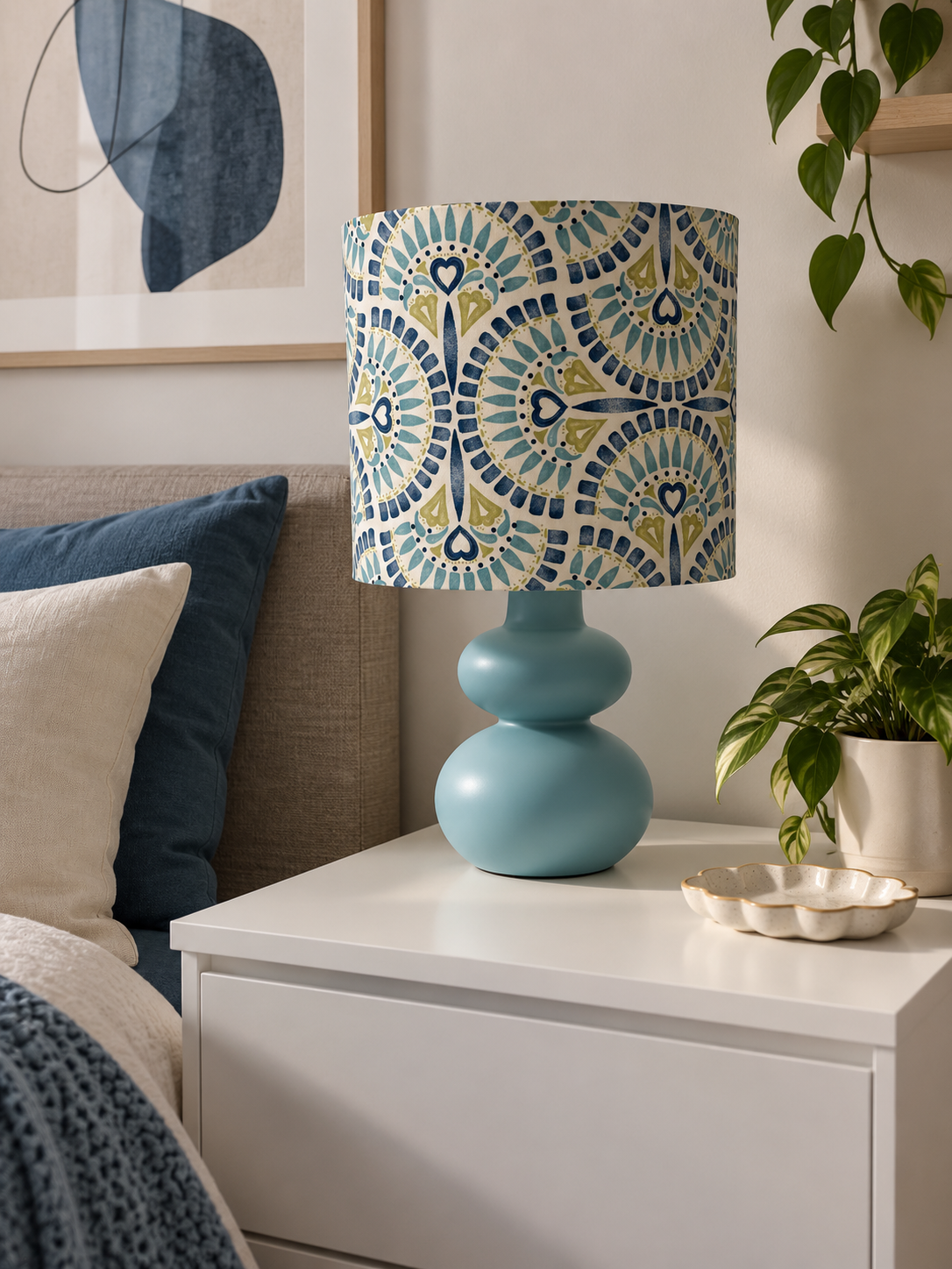 Handcrafted table lamp with turquoise base and an easy-to-clean Mediterranean-style shade